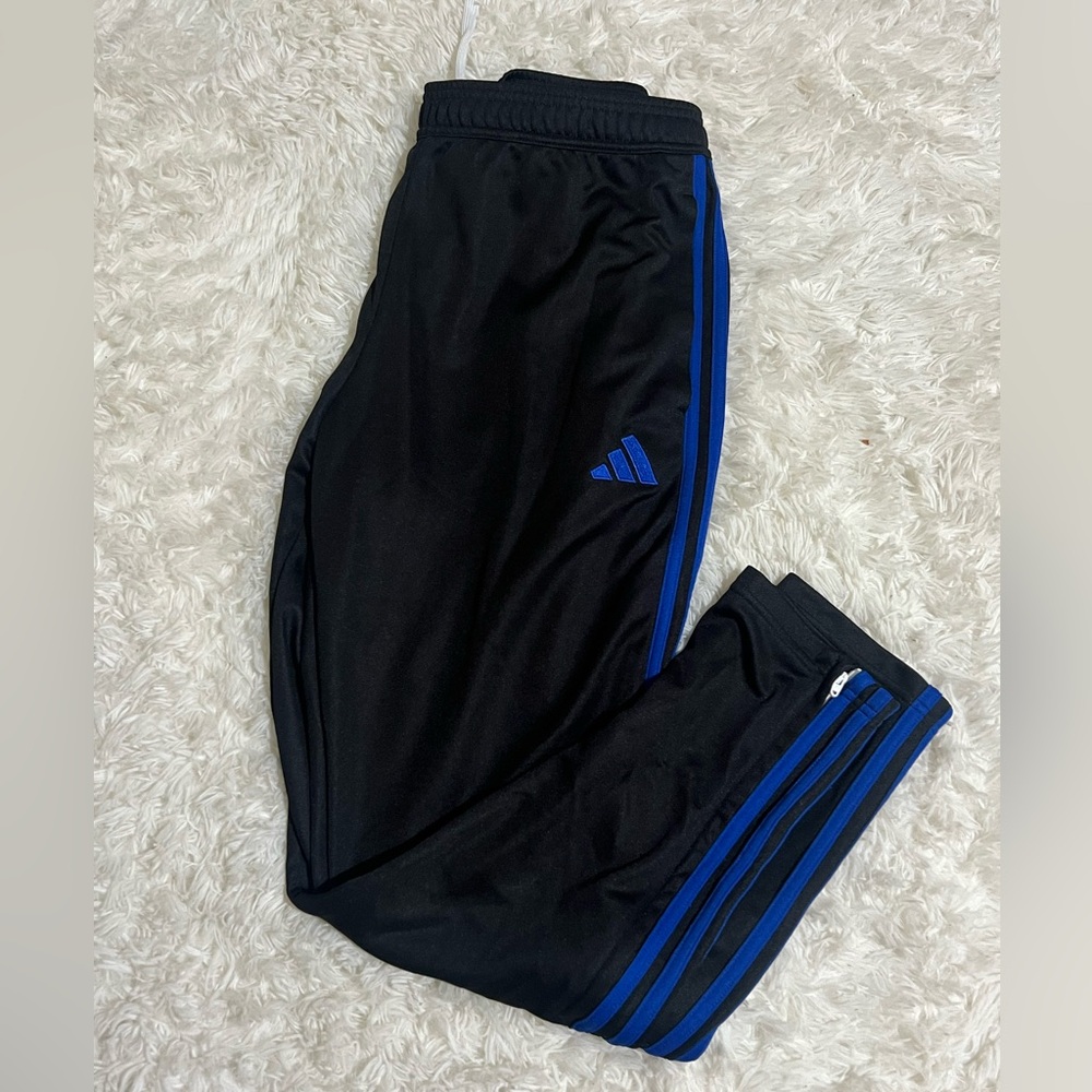 Adidas Mens Black Joggers with Blue Stripes